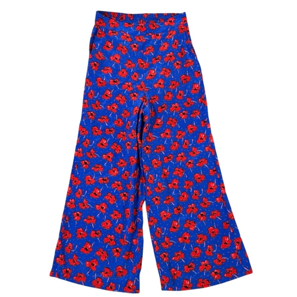 LK Bennett London Blue Red Poppy Floral Wide Leg Trousers Pants USA 4 UK 8